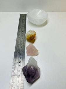 Small Selenite bowl with Amethyst point, Citrine point and rough Rose Quartz