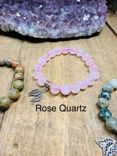 Load image into Gallery viewer, Sterling Silver Oxidized Leaf Bracelet – Natural Gemstone Beads (Moss Agate, Rose Quartz, Unakite)