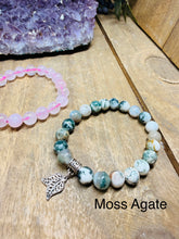 Load image into Gallery viewer, Sterling Silver Oxidized Leaf Bracelet – Natural Gemstone Beads (Moss Agate, Rose Quartz, Unakite)