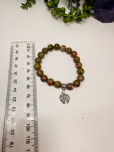 Load image into Gallery viewer, Sterling Silver Oxidized Leaf Bracelet – Natural Gemstone Beads (Moss Agate, Rose Quartz, Unakite)