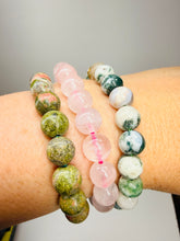 Load image into Gallery viewer, Sterling Silver Oxidized Leaf Bracelet – Natural Gemstone Beads (Moss Agate, Rose Quartz, Unakite)