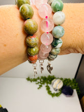 Load image into Gallery viewer, Sterling Silver Oxidized Leaf Bracelet – Natural Gemstone Beads (Moss Agate, Rose Quartz, Unakite)