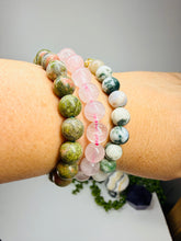 Load image into Gallery viewer, Sterling Silver Oxidized Leaf Bracelet – Natural Gemstone Beads (Moss Agate, Rose Quartz, Unakite)