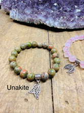 Load image into Gallery viewer, Sterling Silver Oxidized Leaf Bracelet – Natural Gemstone Beads (Moss Agate, Rose Quartz, Unakite)