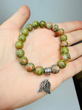 Load image into Gallery viewer, Sterling Silver Oxidized Leaf Bracelet – Natural Gemstone Beads (Moss Agate, Rose Quartz, Unakite)