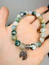 Load image into Gallery viewer, Sterling Silver Oxidized Leaf Bracelet – Natural Gemstone Beads (Moss Agate, Rose Quartz, Unakite)