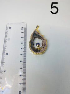 Natural Agate Geode pendant with Gold Electroplating around the edges and Amethyst point in the middle - necklace