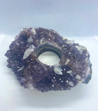Load image into Gallery viewer, Amethyst Crystal tea light candle holder with small Calcite Crystals - home décor