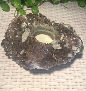 Amethyst Crystal tea light candle holder with small Calcite Crystals - home décor