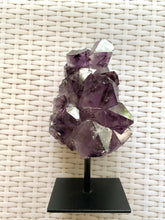 Load image into Gallery viewer, Natural Amethyst Crystal on black display stand -  home décor or unique table piece