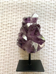 Natural Amethyst Crystal on black display stand -  home décor or unique table piece