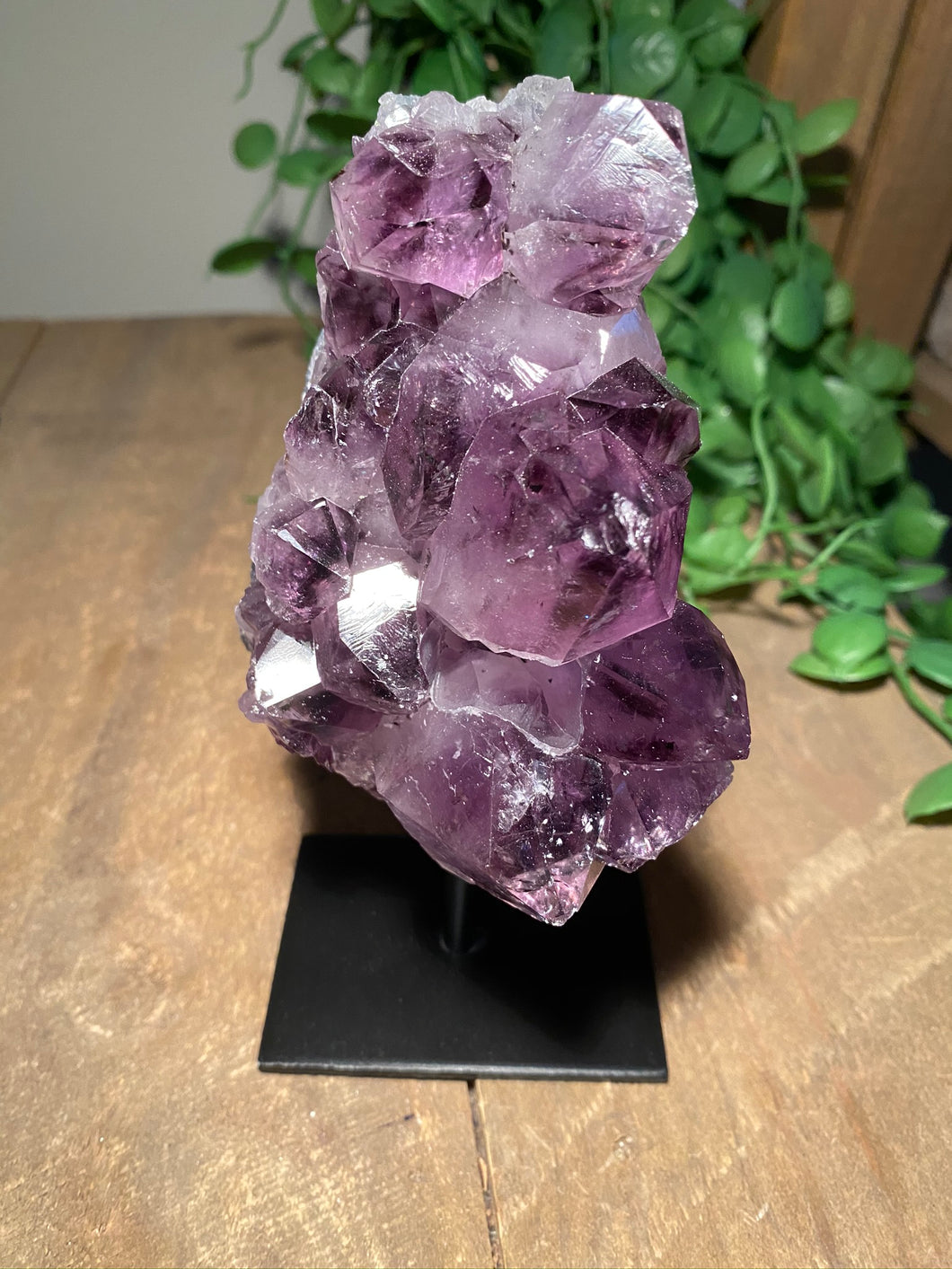 Natural Amethyst Crystal on black display stand -  home décor or unique table piece