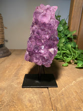 Load image into Gallery viewer, Natural Amethyst Crystal on black display stand -  home décor or unique table piece
