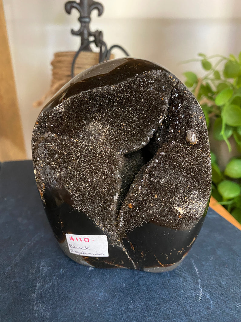 Black Septarian with geode - office decor or unique home display piece
