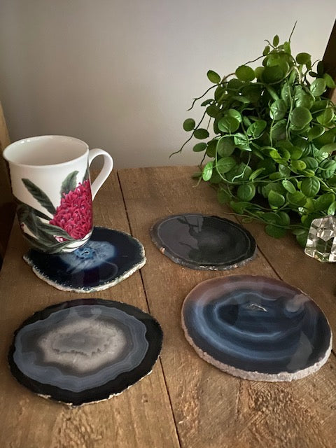 Blue polished Agate Slice coasters- set of 4