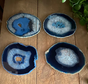 Blue polished Agate Slice coasters- set of 4