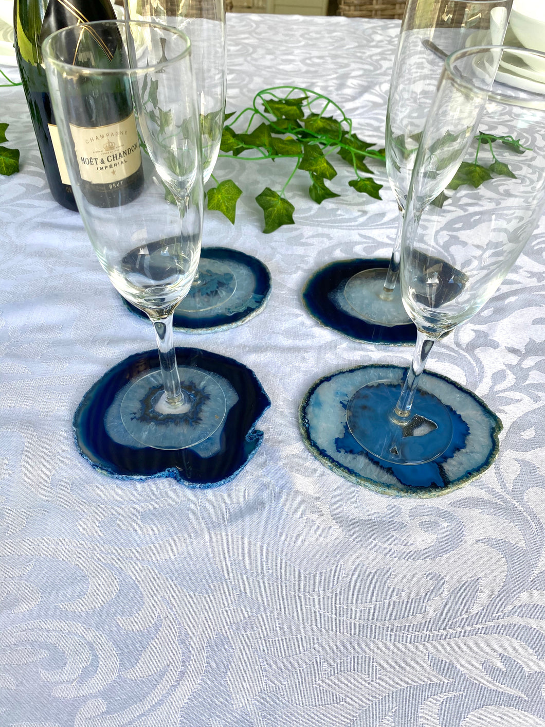 Blue polished Agate Slice drink coasters - set of 4
