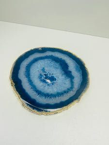 Blue polished Agate Slice drink coaster with Gold Electroplating around the edges