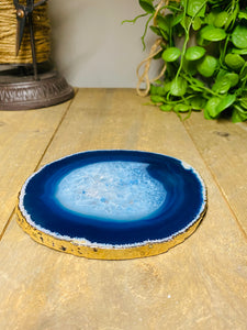 Blue polished Agate Slice drink coaster with Gold Electroplating around the edges