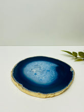 Load image into Gallery viewer, Blue polished Agate Slice drink coaster with Gold Electroplating around the edges