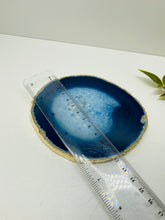 Load image into Gallery viewer, Blue polished Agate Slice drink coaster with Gold Electroplating around the edges