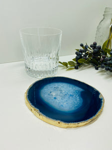 Blue polished Agate Slice drink coaster with Gold Electroplating around the edges