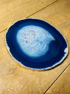 Blue polished Agate Slice drink coaster with Gold Electroplating around the edges