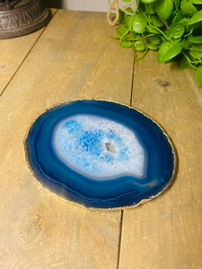 Blue polished Agate Slice drink coaster with Gold Electroplating around the edges