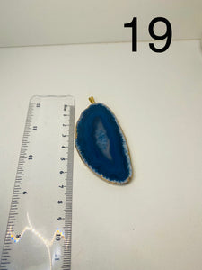 Blue Agate polished slice pendant with Gold Electroplating around the edges - necklace