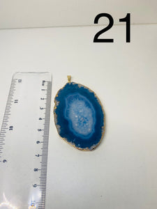 Blue Agate polished slice pendant with Gold Electroplating around the edges - necklace