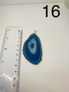 Blue Agate polished slice pendant with Gold Electroplating around the edges - necklace