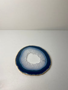 Blue polished Agate Slice drink coaster with Gold electroplating around the edges