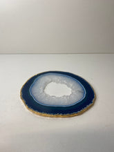 Load image into Gallery viewer, Blue polished Agate Slice drink coaster with Gold electroplating around the edges