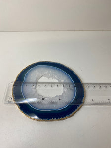 Blue polished Agate Slice drink coaster with Gold electroplating around the edges