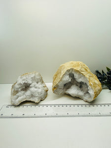 Clear Quartz crystal geode pair - home décor and table display