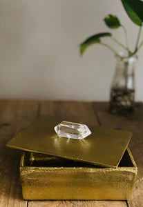 Gold trinket box with double terminated polished Quartz Crystal handle
