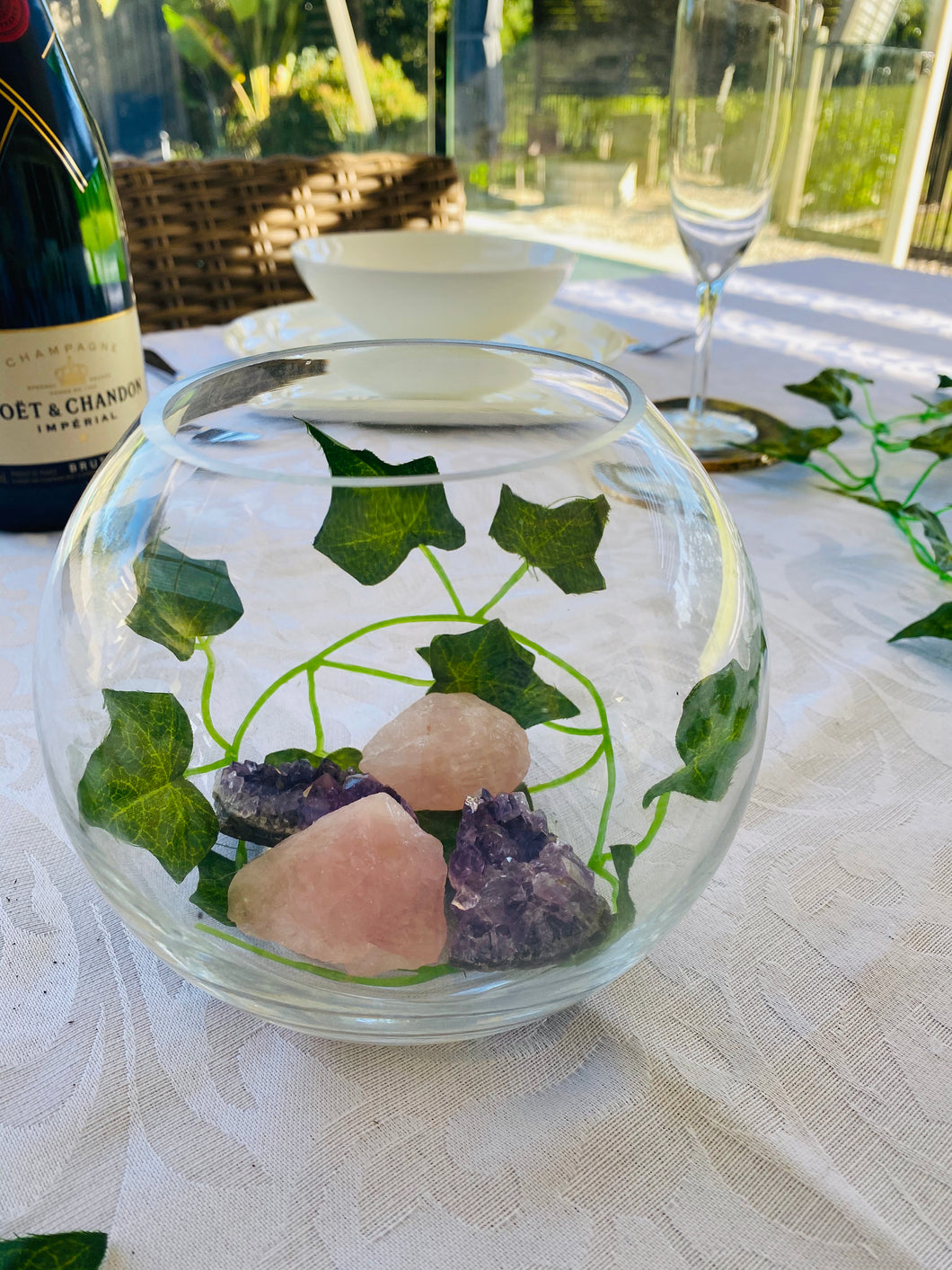 Glass bowl with Amethyst and Rose Quartz - table display, unique home decor