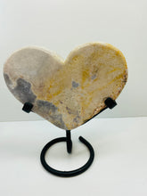 Load image into Gallery viewer, Pink Amethyst Crystal heart on black display stand