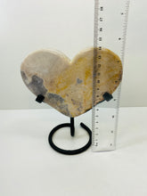 Load image into Gallery viewer, Pink Amethyst Crystal heart on black display stand