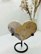 Load image into Gallery viewer, Pink Amethyst Crystal heart on black display stand