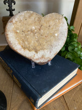 Load image into Gallery viewer, Large Calcite crystal love heart on clear stand - home decor or bedroom display