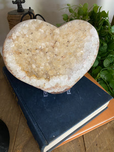 Large Calcite crystal love heart on clear stand - home decor or bedroom display