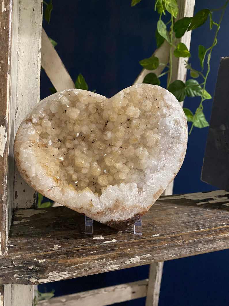 Large Calcite crystal love heart on clear stand - home decor or bedroom display