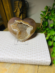 Natural Agate Geode heart with Quartz crystals inside