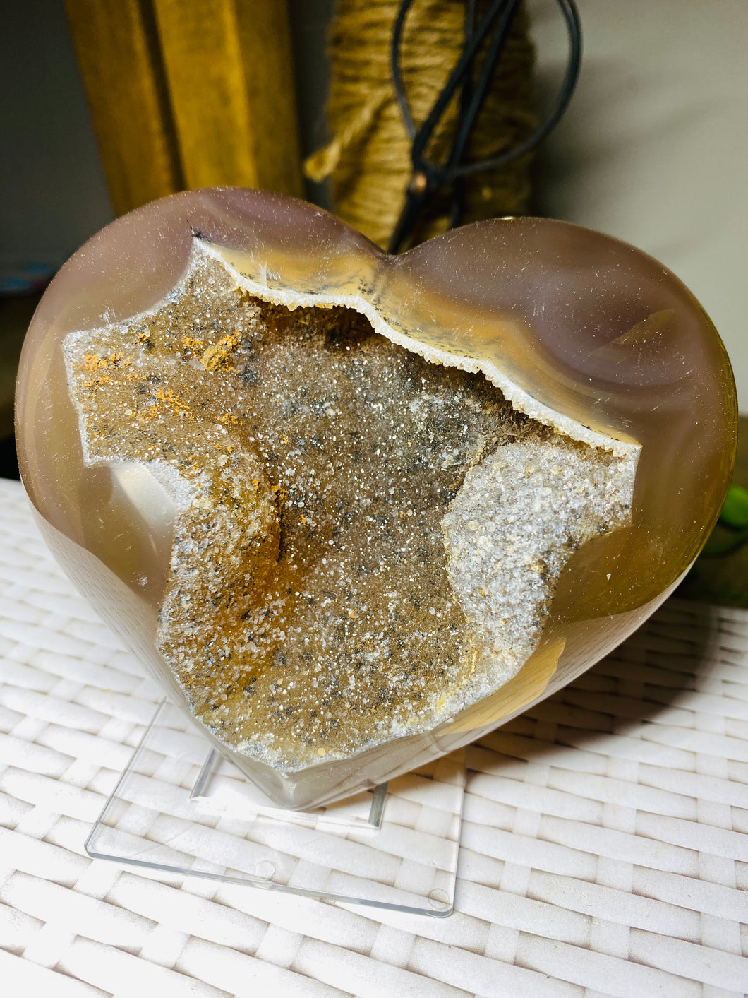 Natural Agate Geode heart with Quartz crystals inside