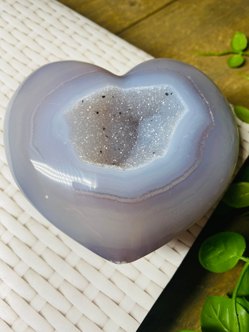 Natural Agate Geode heart with Quartz crystals inside