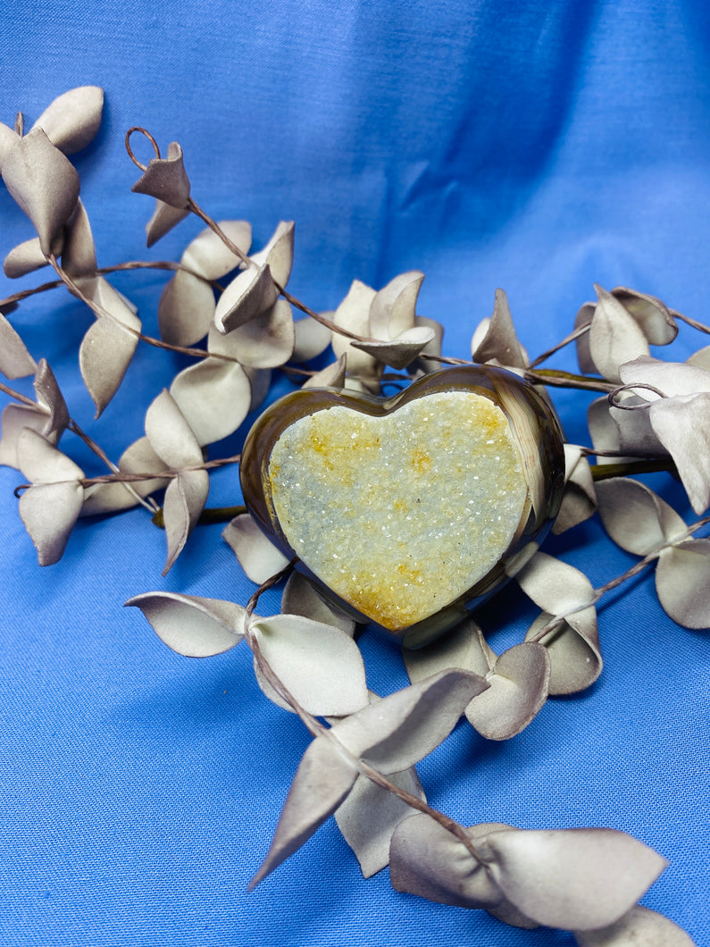 Natural Agate Geode heart with Quartz crystals inside