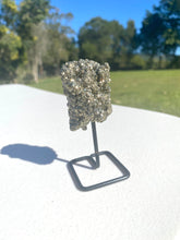 Load image into Gallery viewer, Natural Pyrite on black display stand -  home décor or unique table piece
