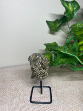 Load image into Gallery viewer, Natural Pyrite on black display stand -  home décor or unique table piece