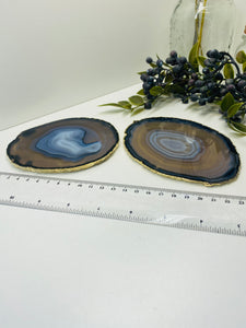 Natural polished Agate Slice drink coasters with Gold Electroplating - Set of 2